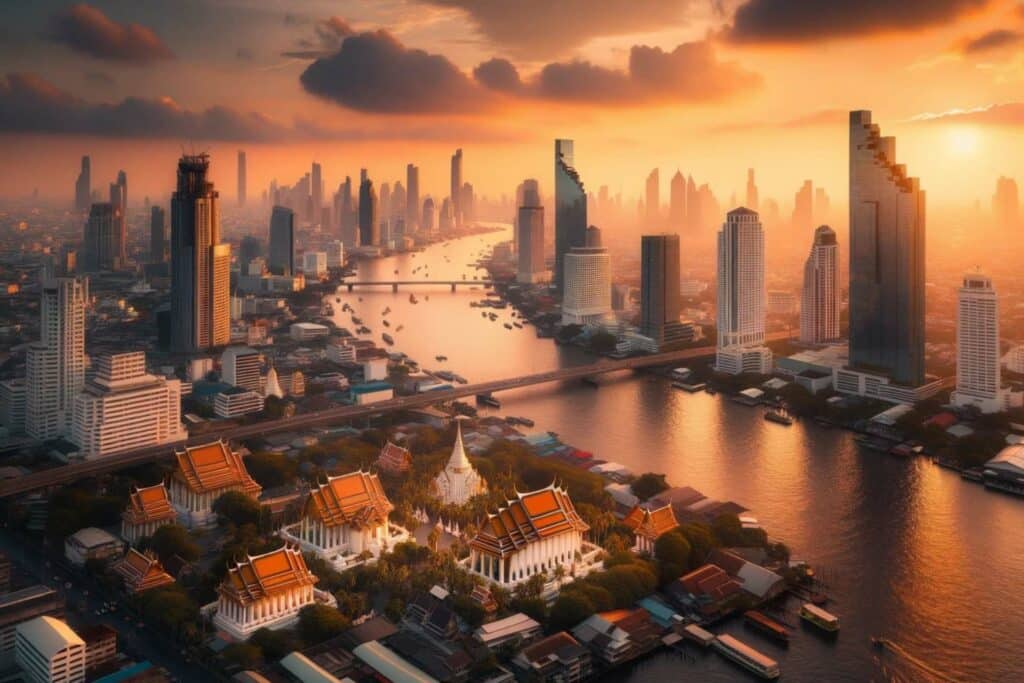 Bangkok's skyline during sunset with the Chao Phraya River reflecting the golden hues of the sky