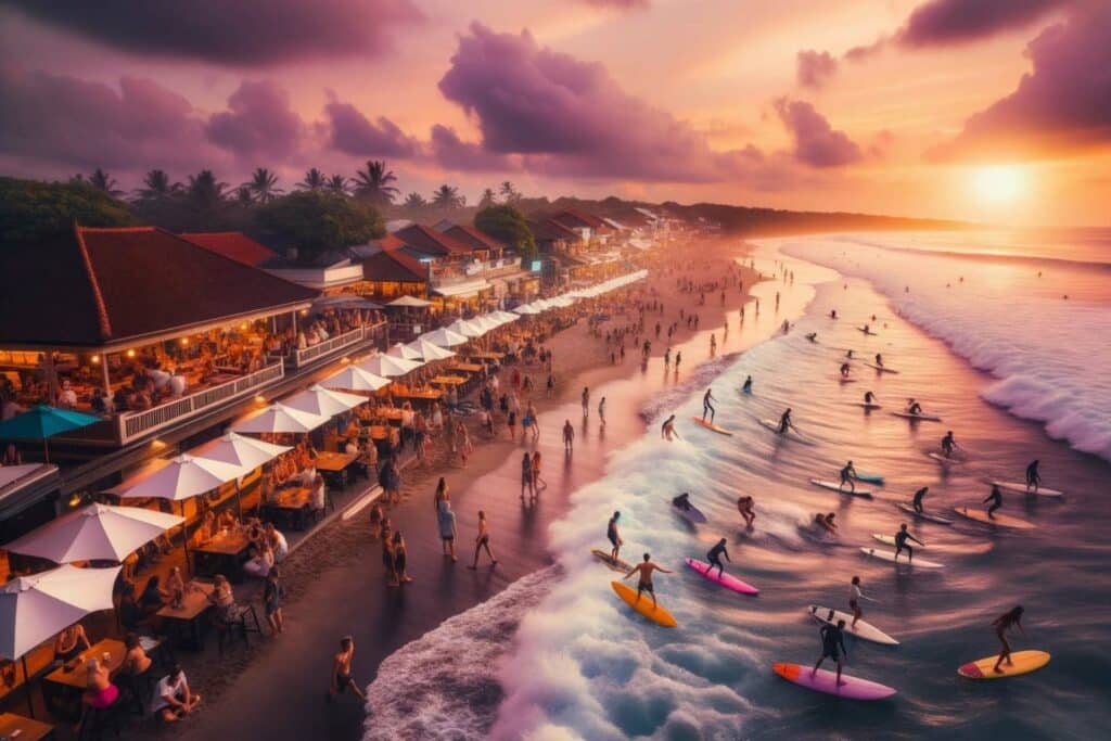 Canggu beach in Bali during sunset with surfers of diverse descent and gender ride the waves