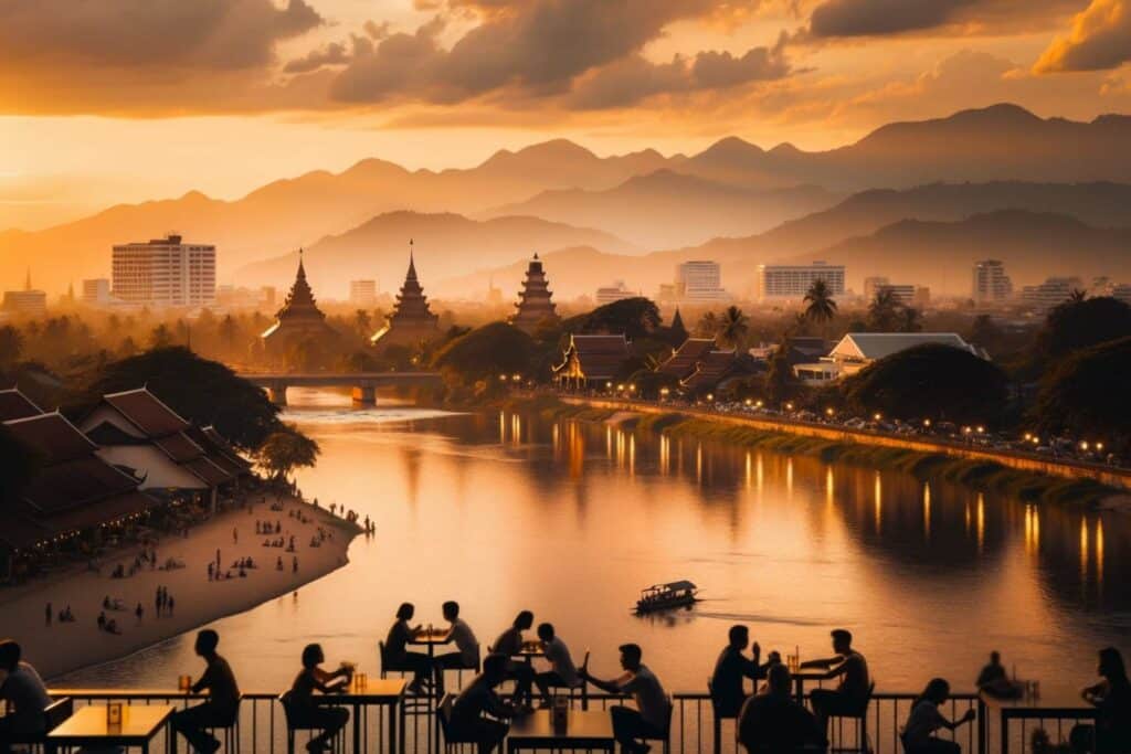 Chiang Mai's skyline during sunset with the Ping River reflecting the golden hues of the sky.