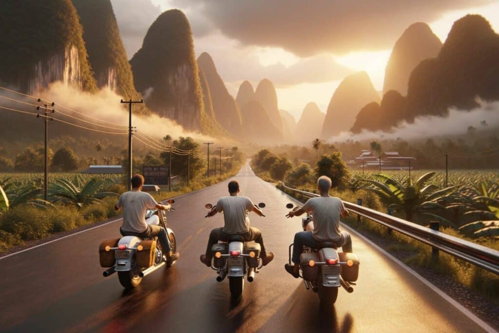 3 men riding a motor bike in Thailand rural