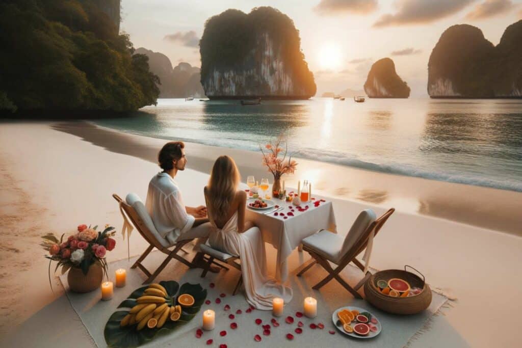 A couple is enjoying their honeymoon dinner in Thailand, as part of their 12-day Thailand honeymoon itinerary